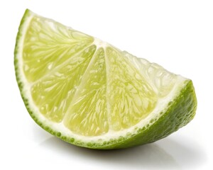 A single vibrant green lime wedge is presented against a clean white background showcasing its juicy texture and refreshing citrus appeal