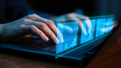 Hands typing on laptop keyboard, futuristic blue financial data graphs overlay, nighttime setting, serious mood, stock market analysis concept.