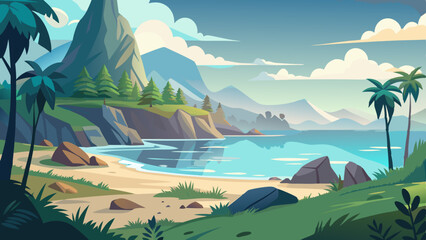 foggy nature landscape illustration with beach