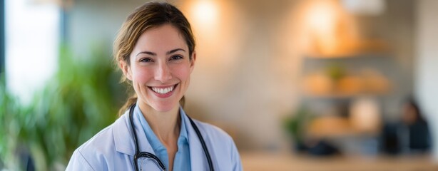 The smiling doctor in a modern healthcare environment with a stethoscope.