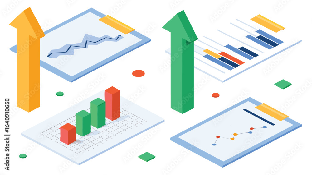 Poster isometric view of upward pointing arrows and clipboards with various charts and graphs displayed