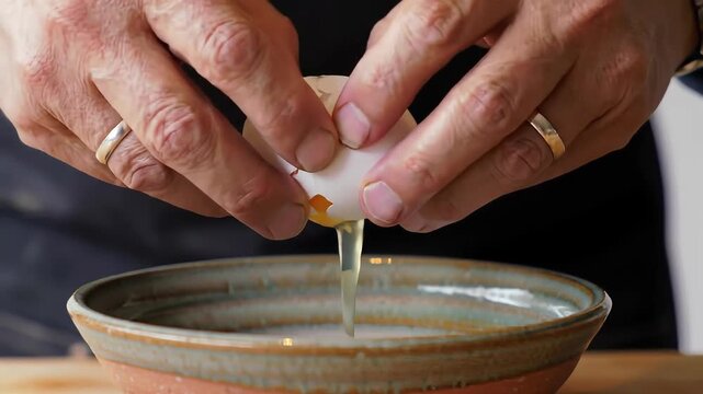 Expert chef cracking an egg for cooking process demonstration close-up footage
