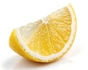 A vibrant juicy lemon wedge with its textured rind and bright yellow pulp is showcased against a clean white background highlighting its freshness and citrus appeal