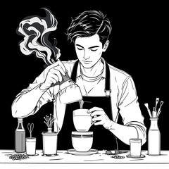 Monochrome line art illustration of a focused barista brewing pour-over coffee with a gooseneck kettle.
