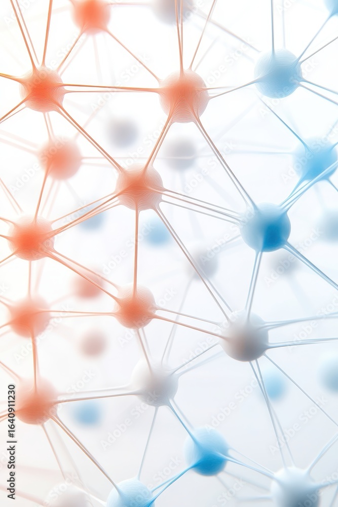 Poster abstract neural network nodes connected by thin lines, warm orange fading to cool blue, representing