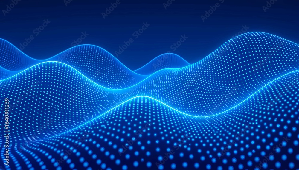 Poster glowing blue digital wave with dots creating futuristic abstract background