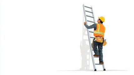 adder positioning safety guide, worker placing ladder correctly, white background