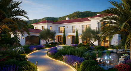 Fototapeta premium Elegant White Villa with Lush Landscaping and Warm Illumination at Dusk