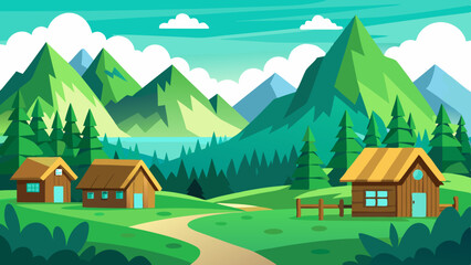 mountain green field landscape with wooden houses