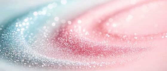 Fototapeta premium Sparkling abstract swirl with soft pink and blue light, gentle movement, and blurred bokeh circles.