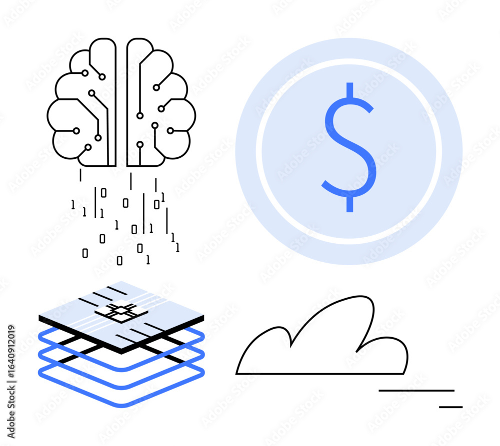 Poster brain with circuits and binary code, dollar in circle, layered structure, and cloud. ideal for ai, f