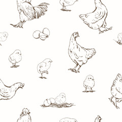 Hand-drawn seamless vintage-style pattern with chickens, roosters and chicks on a white background.