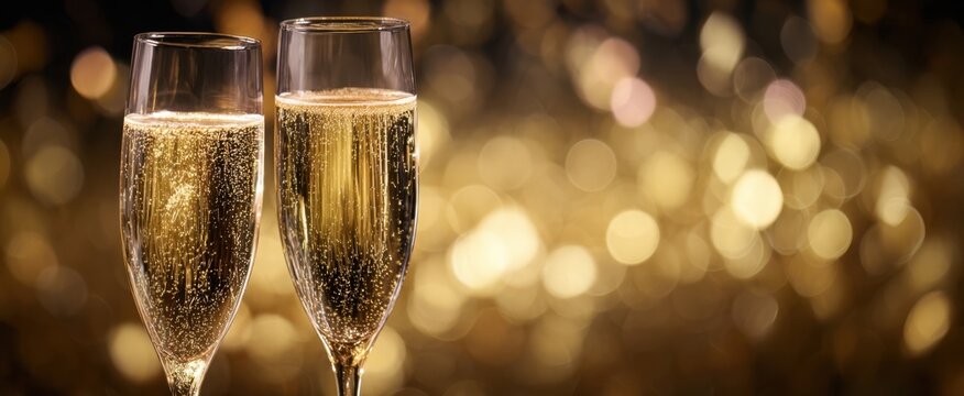 The elegant champagne glasses against a shimmering golden background. - Powered by Adobe