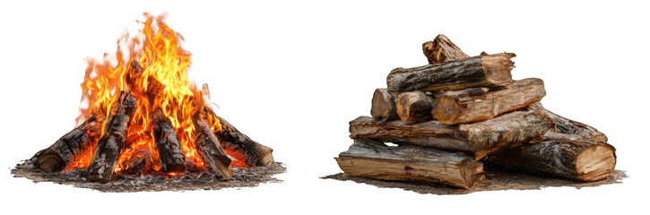 Burning fire and stacked firewood