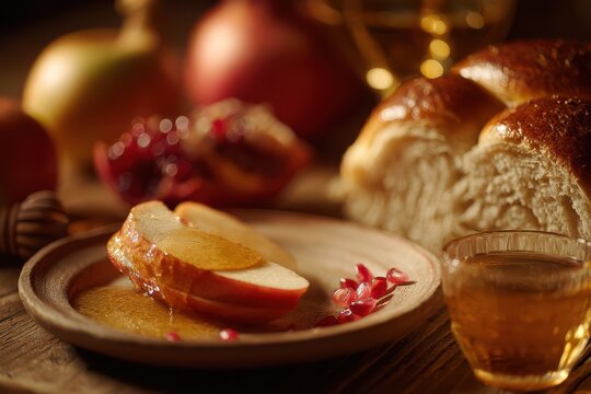 Close-up photo of a plate with sliced apple, golden honey, and pomegranate, challah softly blurred behind. Natural light and festive tones convey Rosh Hashanah tradition