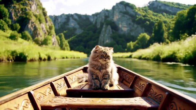 Fluffy tabby cat sitting upright on a wooden boat in the middle of a river view