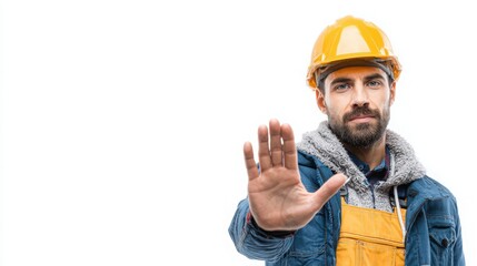 worker demonstrating safe hand signal communication for cranes, white background