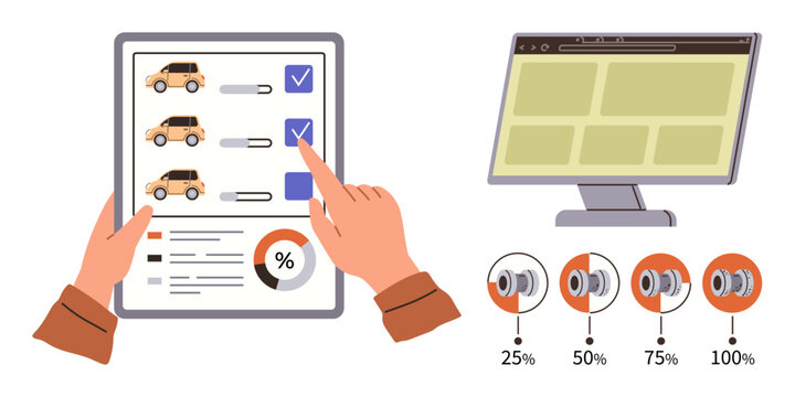 Hands selecting cars on a tablet, accompanied by a pie chart, computer monitor, and volume indicators. Ideal for automotive data, online shopping, analytics, multitasking, technology interfaces