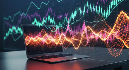 Laptop displaying dynamic orange and pink data wave, overlaid on candlestick charts, symbolizing data analysis, financial market trends, and technological innovation