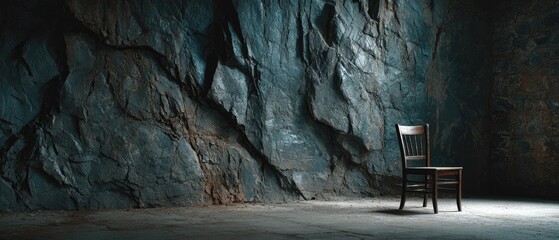 Dark, rocky cavern with solitary chair