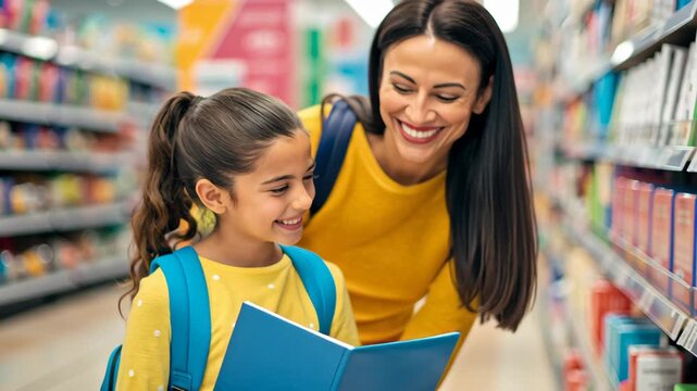 Back to school educator shopping. Back to school shopping joy as educator helps girl and child choose supplies colorful store aisle, both smiling