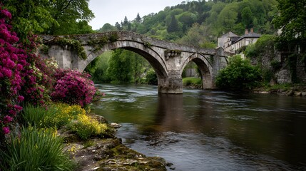 Fototapeta premium Historic stone bridge over calm river flowers and greenery along the bank captured during spring bloom suitable for travel promotions European countryside visuals and tranquil lifestyle scenes
