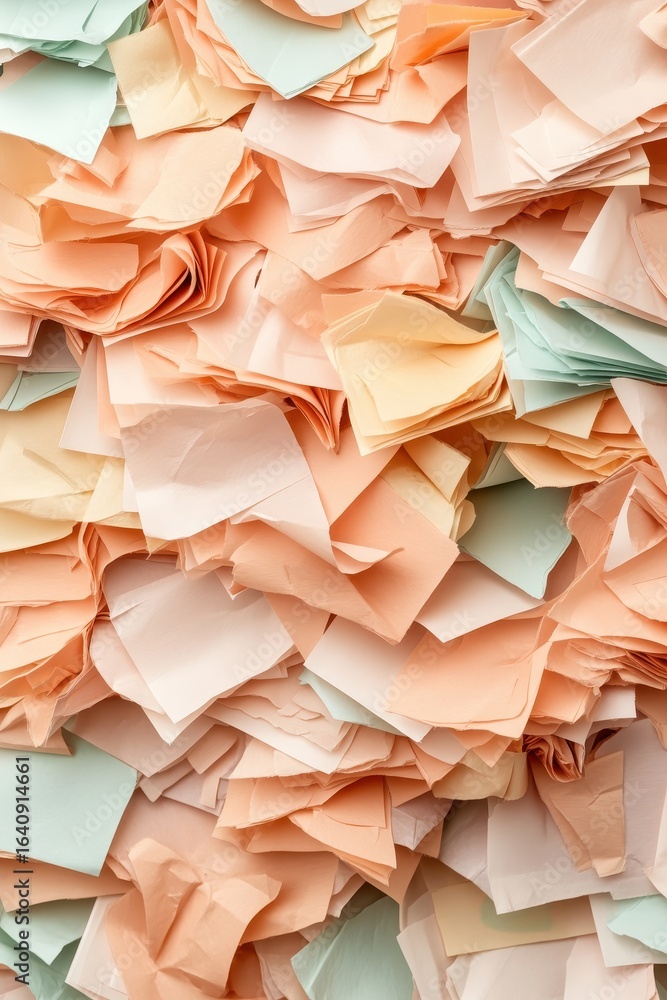 Poster pile of torn pastel colored paper scraps in soft light creating a textured background for ideas.