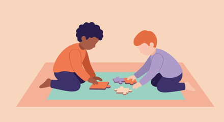Fototapeta premium Children fit puzzle pieces together on a blue rug over a pink floor background