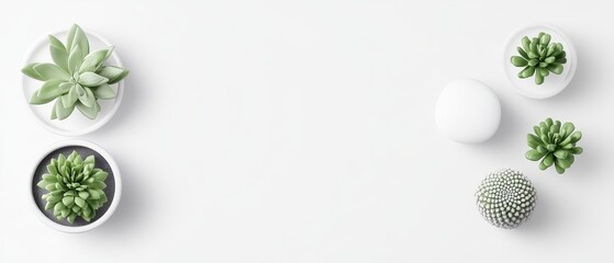 Group of green succulents in white pots on a clean white surface, representing growth and simple design.