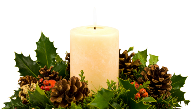Lit Christmas candle with pine cones and holly, isolated on transparent background PNG - Powered by Adobe
