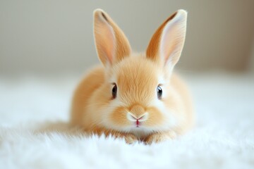 Tiny, golden rabbit sits on a fluffy white rug with ears standing upright