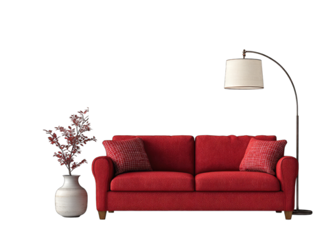 Red couch, floor lamp, and plant in a minimalist living room setting
