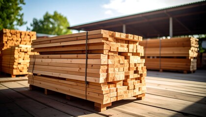 Stacked Lumber in Lumberyard  Construction Material with Wood Planks  Building Supplies.