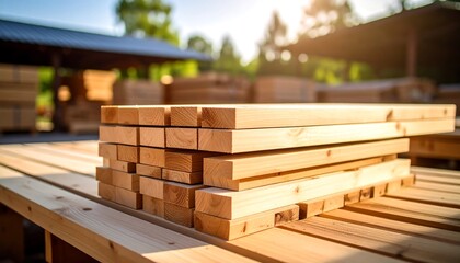 Stacked lumber in sawmill yard under sunlight with wood planks ready for construction.