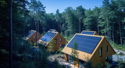 Modern Sustainable Housing in Forest with Solar Panels Offering Eco-Friendly Living and Renewable Energy