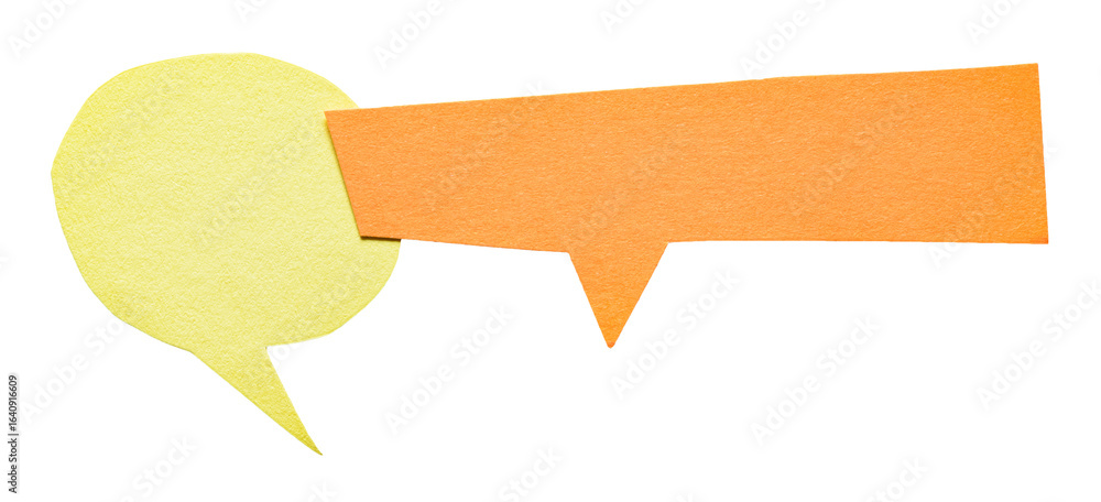 Aufkleber yellow orange blank cut out cardboard paper speech bubbles with copy space for text on transparent p