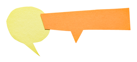 Yellow orange blank cut out cardboard paper speech bubbles with copy space for text on transparent png background conversation discussion design element