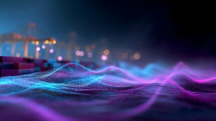 Futuristic Digital Waves Overlaying Container Terminal at Night