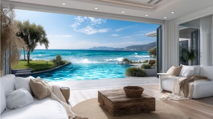 Fototapeta premium Luxurious Modern Living Room with Stunning Ocean View Through Large Windows