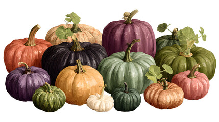 Various pumpkin illustrations showcasing multiple colors and sizes, perfect for autumnal and harvest themes