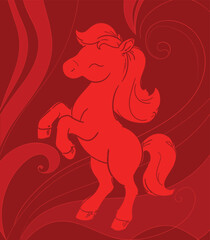 Hand Drawn Red Fire Horse Vector Illustration with Ornamental Background