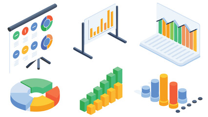 Fototapeta premium Isometric representation of various charts and graphs showing data analysis and presentation tools