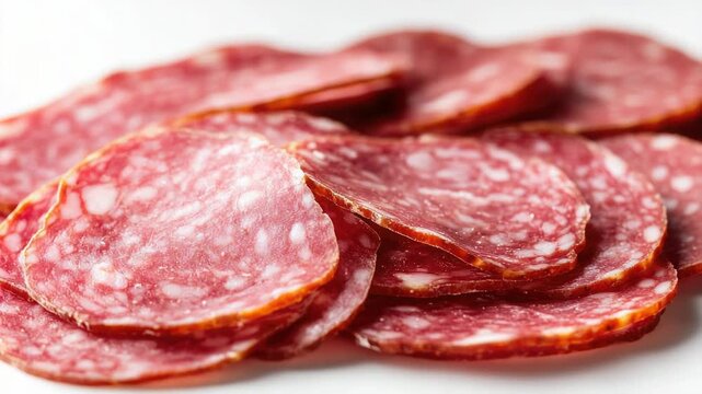 Freshly sliced salami served on a clean white plate, perfect for appetizers or snacks