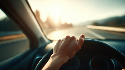 Driving at Sunset: A First-Person View of a Hand on the Steering Wheel on a Highway