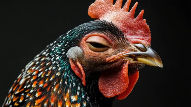 A close-up shot of a rooster's head on a black background, ideal for use in agriculture or farm-themed projects