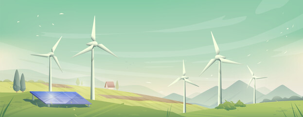 Wind turbines and solar panels on green hills with mountain backdrop - sustainable energy landscape with renewable power generation. Eco friendly countryside scene for environmental technology concept