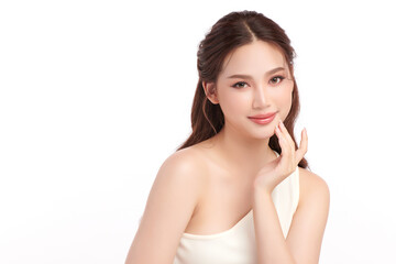 A beautiful young Asian woman with clean, fresh skin against a white background. Skincare, facial...