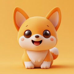 Naklejka premium Kawaii cute fluffy cartoon orange corgi puppy, sitting playfully with dot eyes and a smiling face, rendered in minimalistic 3D style, Generative AI
