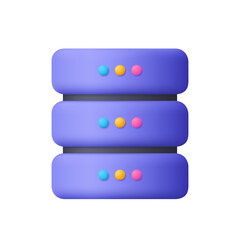 Purple server rack with three stacked units. Data memory and data center. Data storage, cloud computing, or web hosting concept. 3d vector icon. Cartoon minimal style.