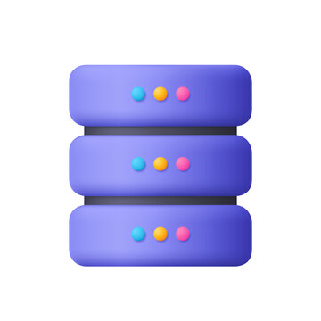 Purple server rack with three stacked units. Data memory and data center. Data storage, cloud computing, or web hosting concept. 3d vector icon. Cartoon minimal style.